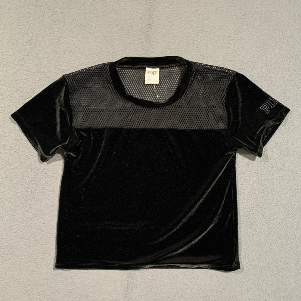 PINK Victoria's Secret T-Shirt Women XS Black Velvet Mesh Jersey Athleisure